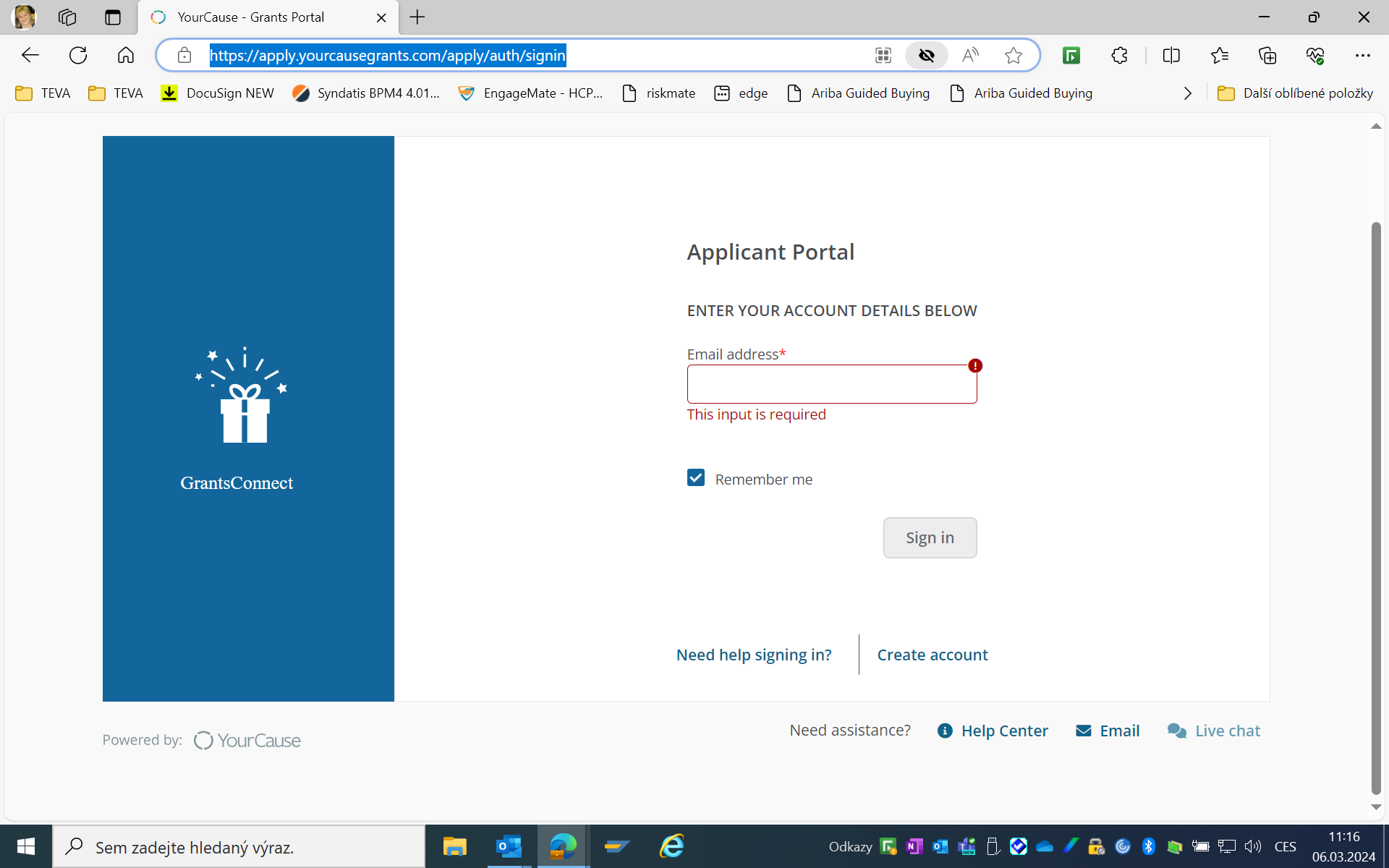 GrantsConnect Applicant Portal ENTER YOUR ACCOUNT DETAILS BELOW Email address* This input is required Remember me Sign in Need help signing in? Create account Powered by: YourCause Need assistance? → Help Center ✓ Email Live chat