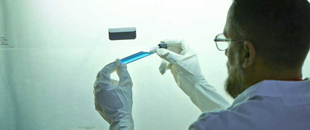 Man looking at blue vial.